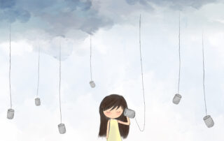 Girl with cans and grey clouds